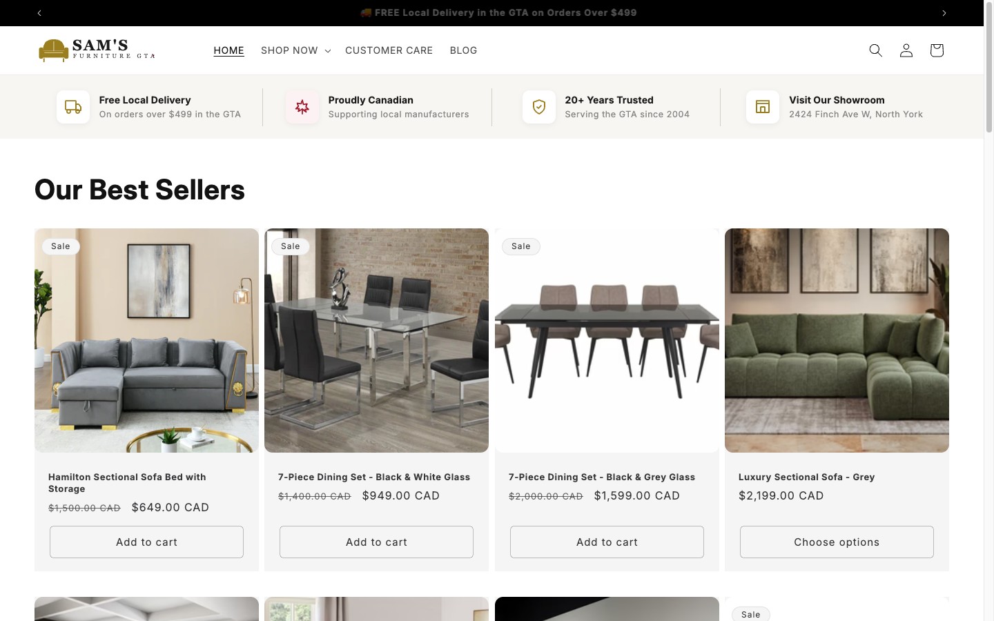 Sam's Furniture GTA live site homepage